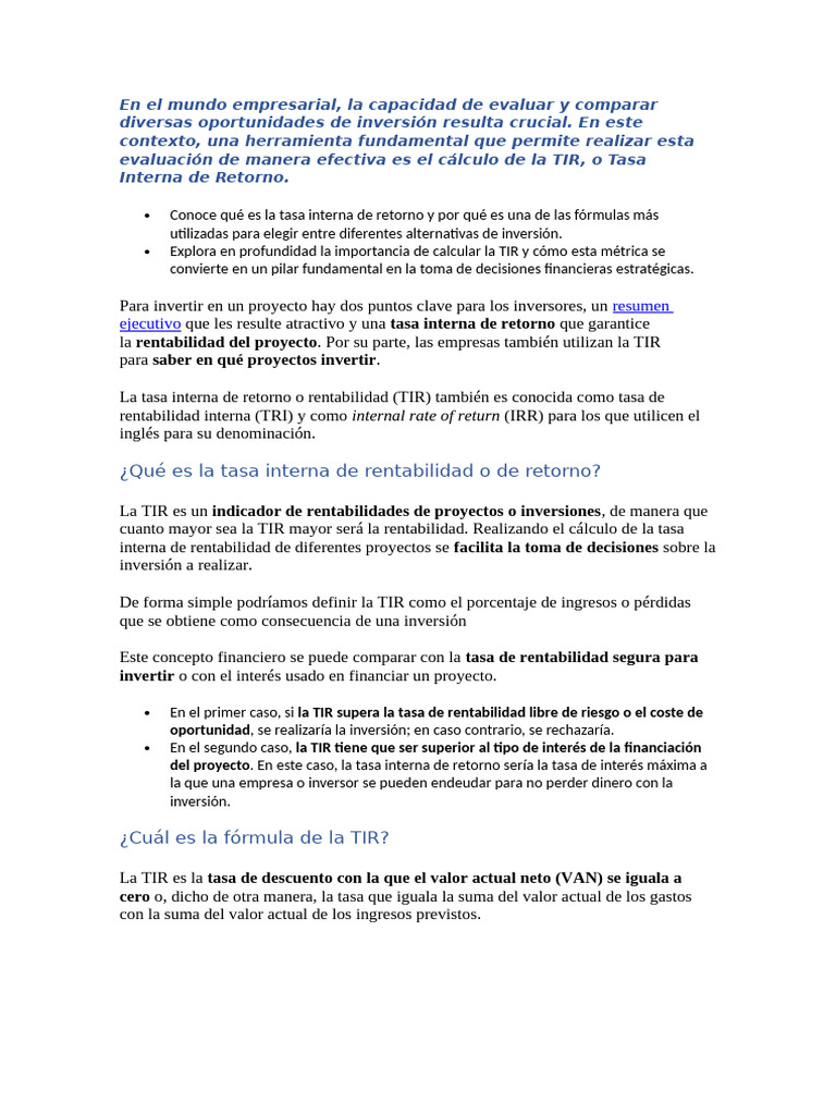 Definición y uso de la TIR | PDF | Tasa interna de retorno | Sector privado