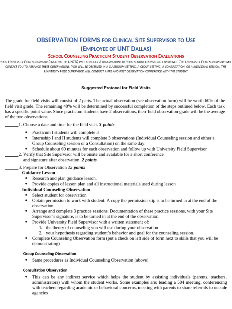 Clinical Site Supervisor Observation Forms | PDF | Teachers | Psychotherapy