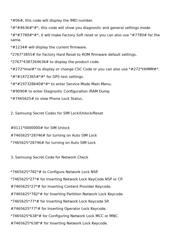 Samsung Secret Codes for Device Management | PDF