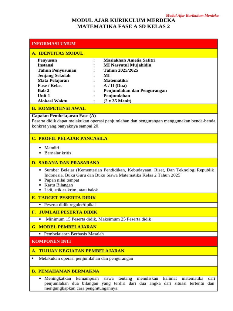 Modul Ajar Matematika Kelas 2 SD | PDF