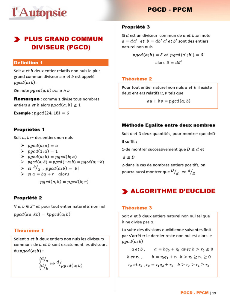 PGCD et PPCM : Définitions et Propriétés | PDF | Mathématiques ...