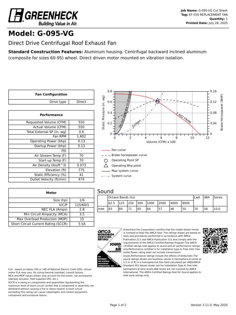 G-095-VG Roof Exhaust Fan Specs | PDF | Horsepower | Length