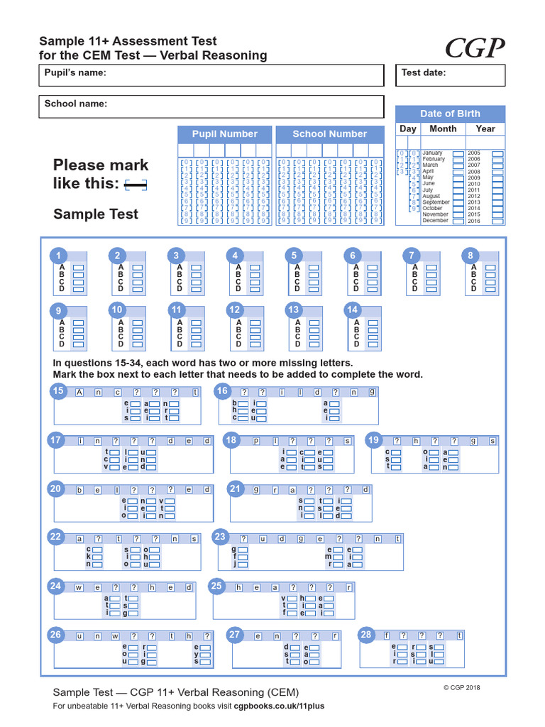 CGP 11plus Cem VR Free Practice Test Answer Sheets | PDF | Standardized ...