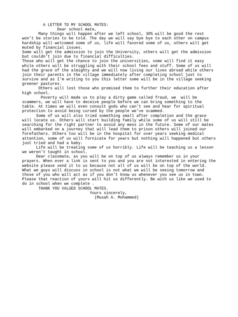 A Letter To My Dear School Mate | PDF
