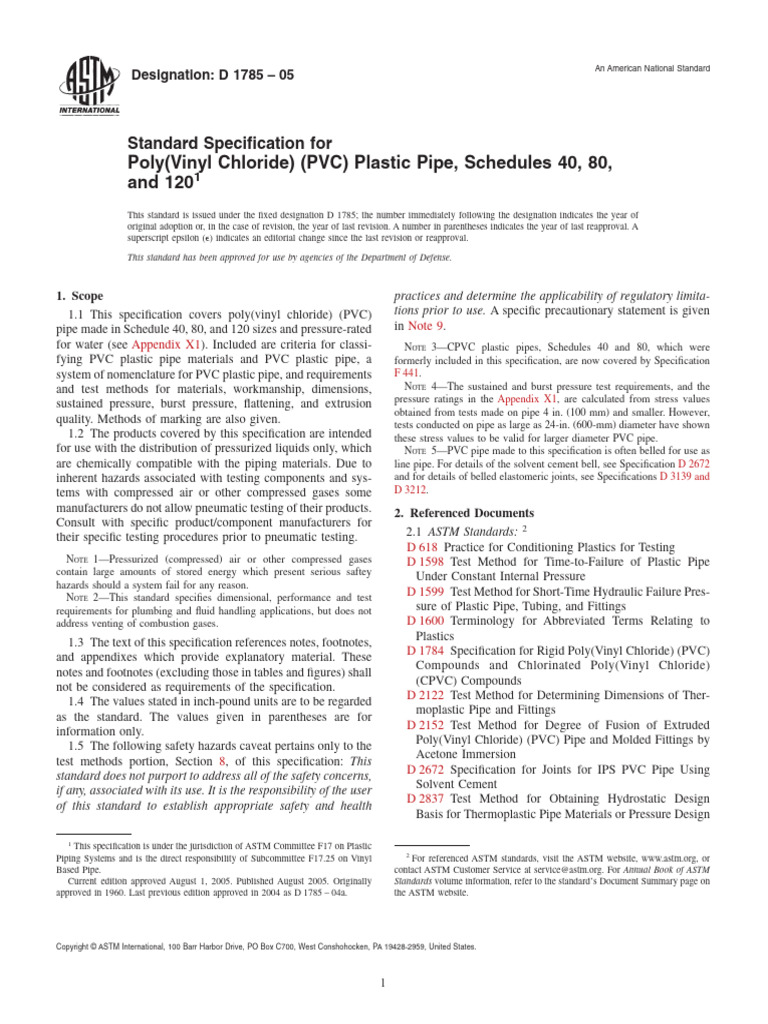 Poly (Vinyl Chloride) (PVC) Plastic Pipe, Schedules 40, 80, and 120 ...