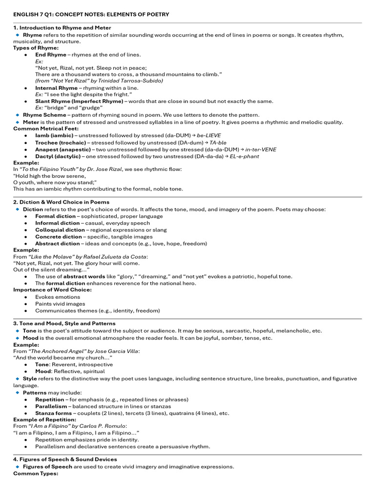Eng 7 q1 Week 2 Poetic Elements | PDF | Poetry | Metre (Poetry)