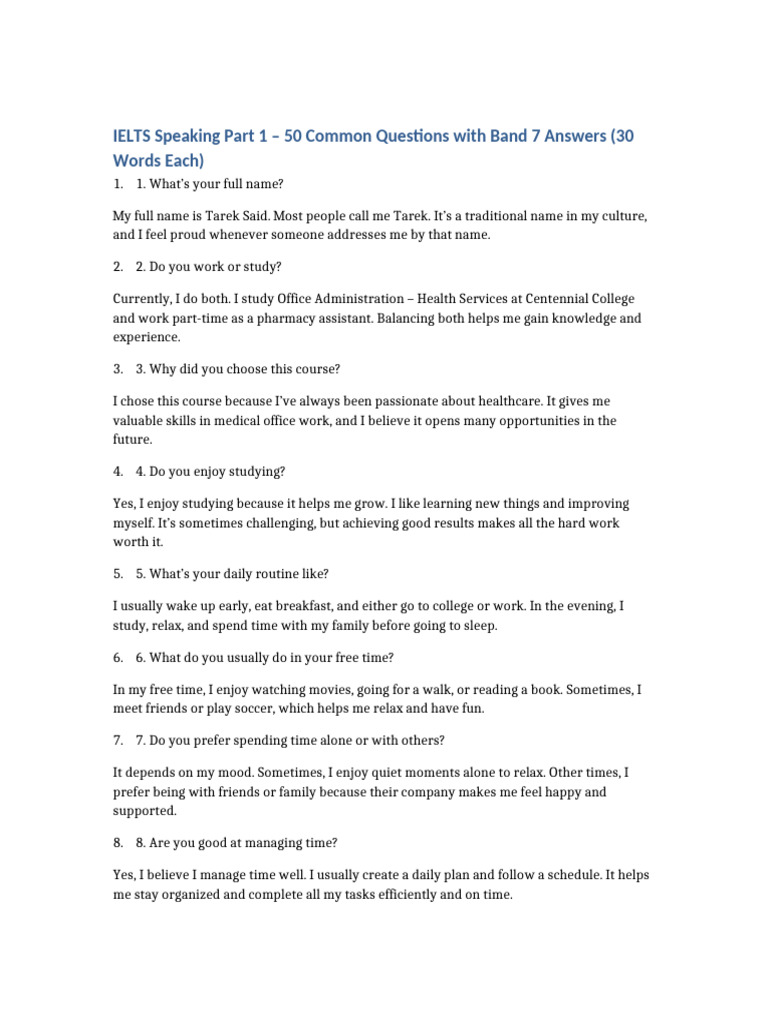 IELTS Speaking Part 1: Band 7 Answers | PDF | Meal | Cuisine