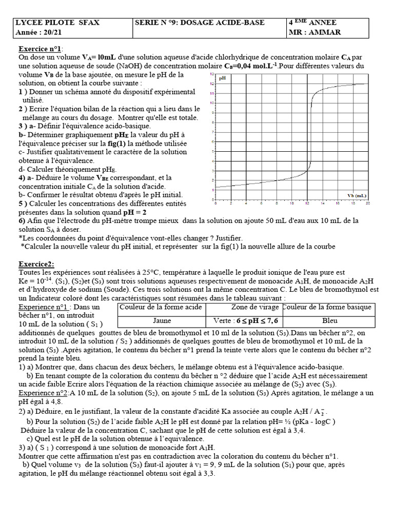 Dosage acido-basique : Méthodes et Calculs | PDF | Ph | Hydroxyde de sodium
