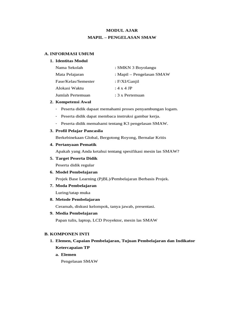 Modul Ajar Mapil: Pengelasan SMAW | PDF