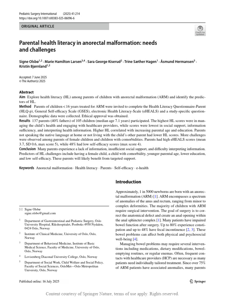 Parental Health Literacy in Anorectal Malformation | PDF