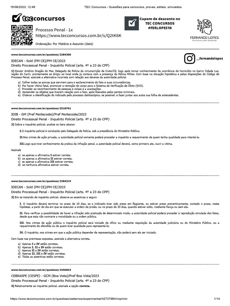 Questões sobre Inquérito Policial CPP | PDF | Fiança | Testemunha ...