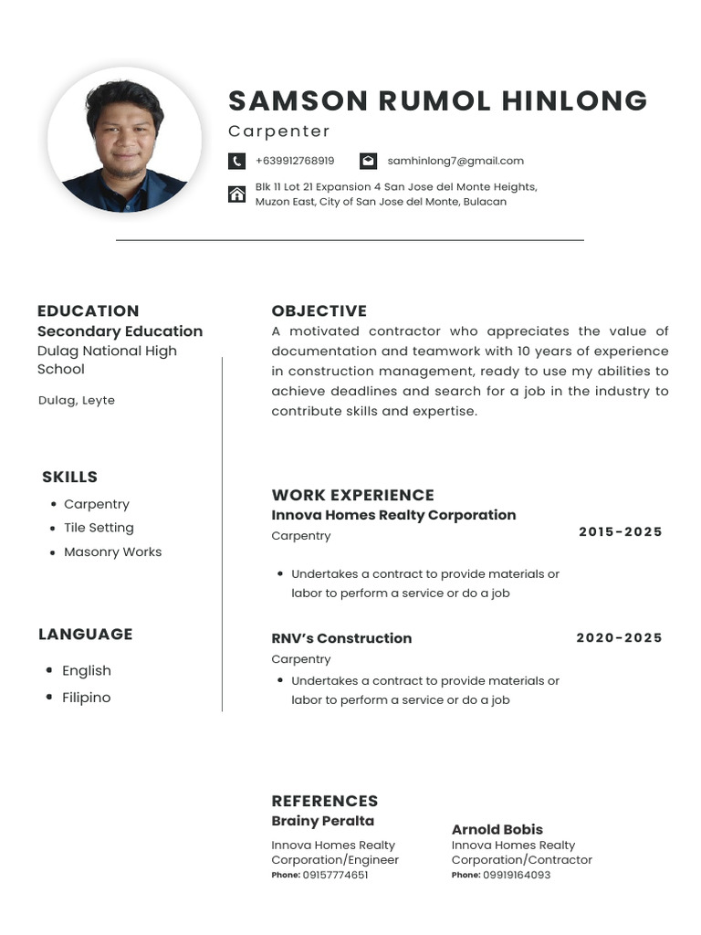 Carpenter CV for Samson Rumol Hinlong | PDF