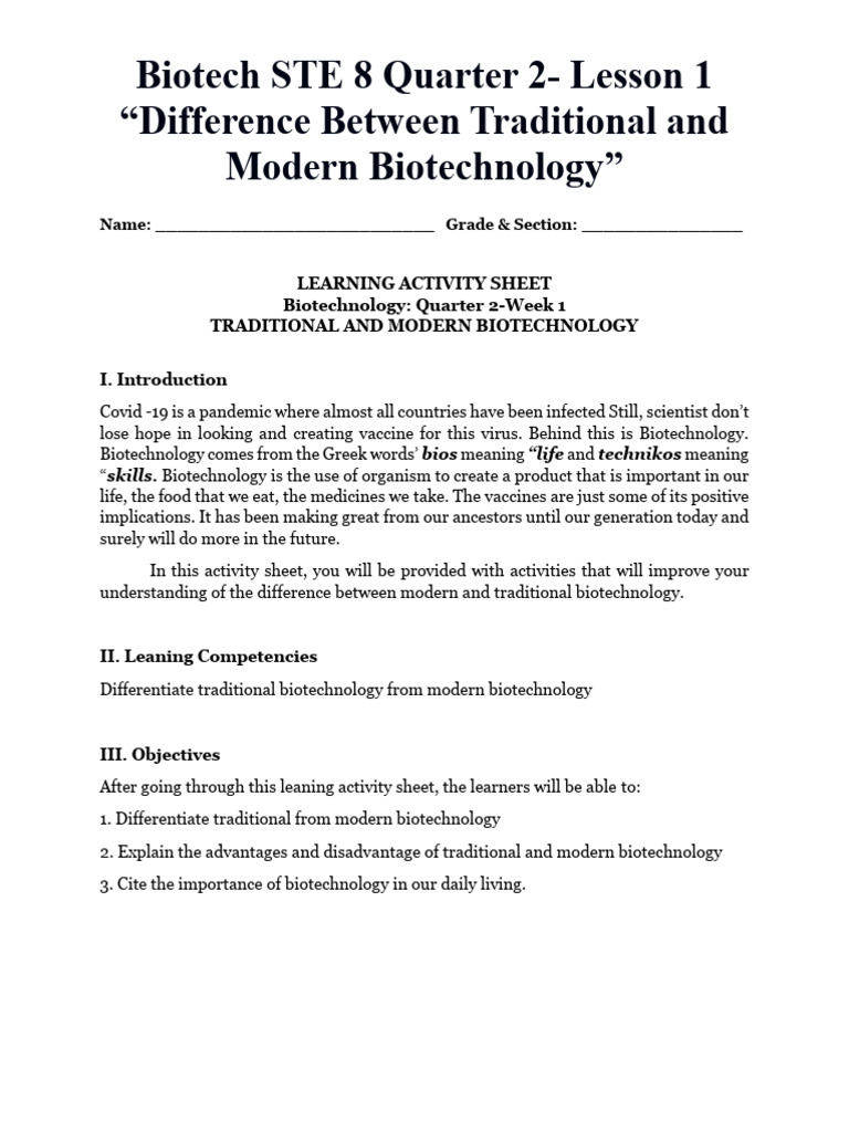 BIOTECH - STE-8 - Q2 - L1-Traditional and MOdern Biotechnology | PDF ...