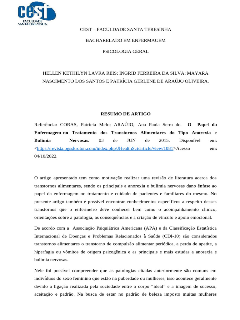 Resumo Atigo - Transtornos Alimentares | PDF | Distúrbio alimentar ...