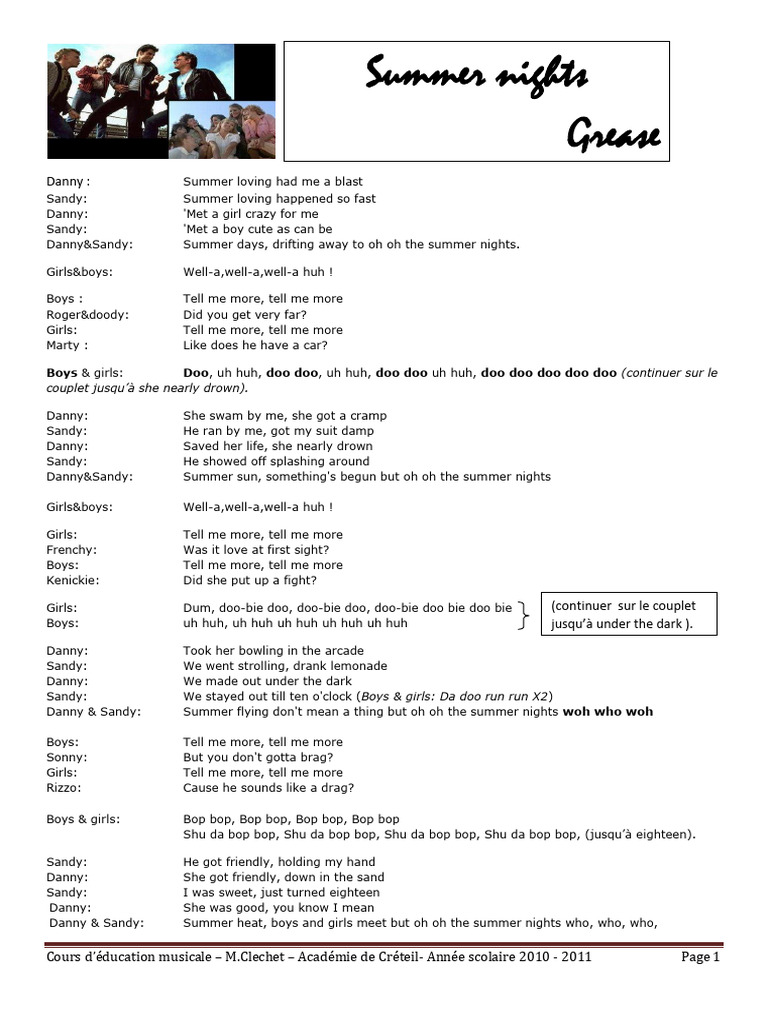 Summer Nights Letra | PDF | Musicals | Touring Theatre