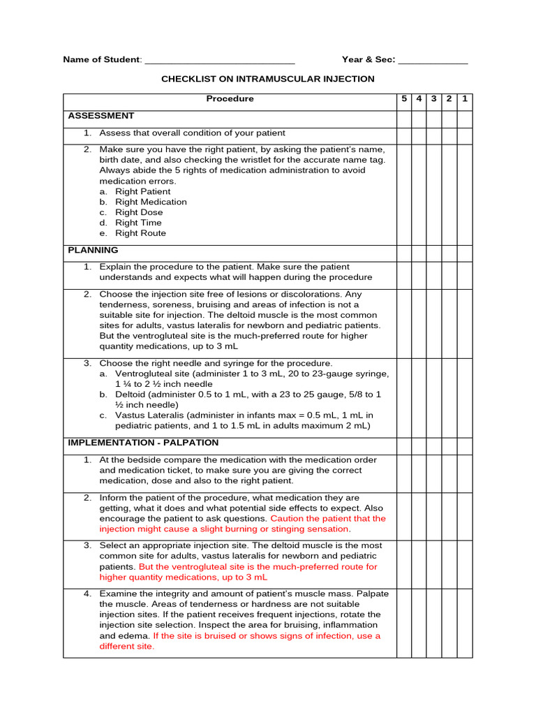 IM Injection Procedure Checklist | PDF | Injection (Medicine ...