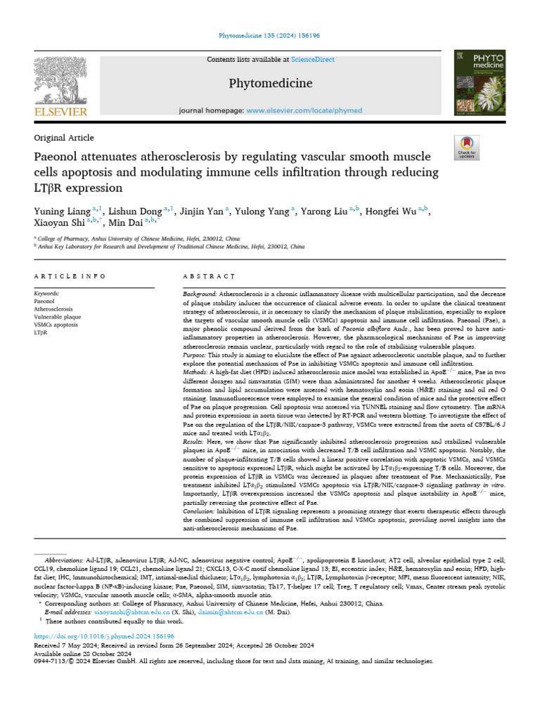 Paeonol Attenuates Atherosclerosis by Regulating Vascular Smooth Muscle ...
