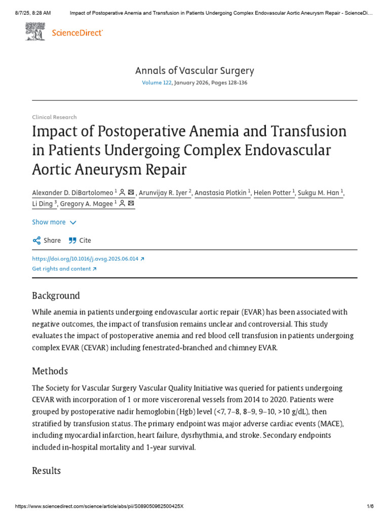 Impact of Postoperative Anemia and Transfusion in Patients Undergoing ...