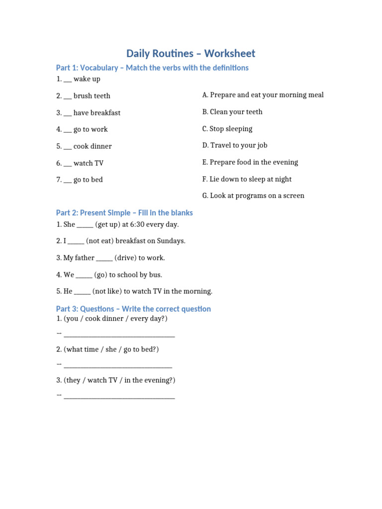 Daily Routines Worksheet for Adults | PDF