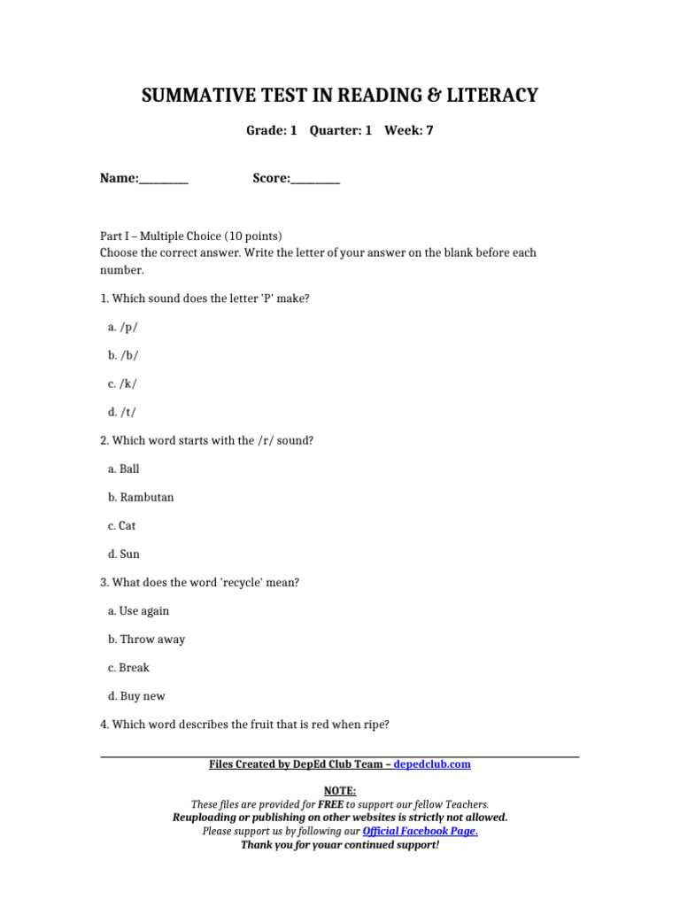 Summ - Test Reading&Literacy 1 q1 w7 | PDF