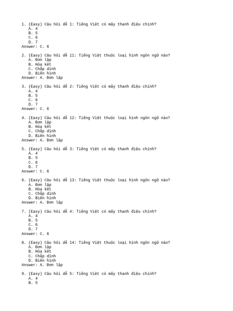 Varied Vietnamese MCQ Questions | PDF