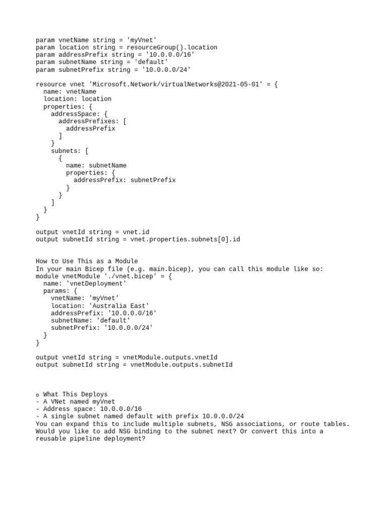 Bicep Module for VNet Deployment | PDF
