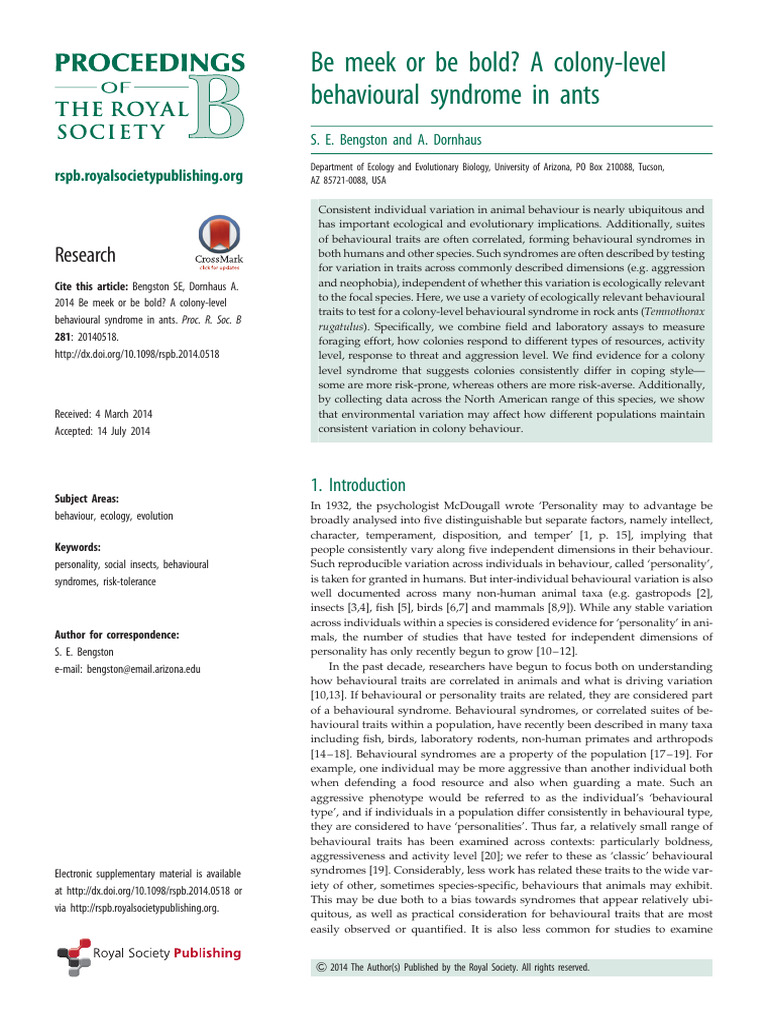 Colony-Level Behavioral Syndromes in Ants | PDF | Foraging | Principal ...