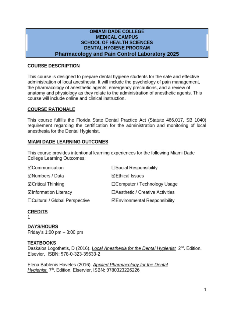 Dental Hygiene Local Anesthesia Course | PDF | Anesthesia | Clinical ...