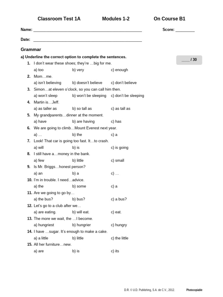 04 - Classroom Test 1A Word | PDF