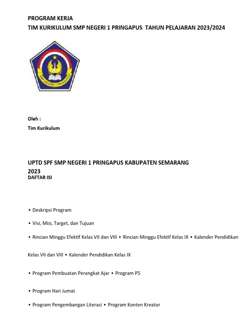 Program Kerja Kurikulum SMP 2023/2024 | PDF