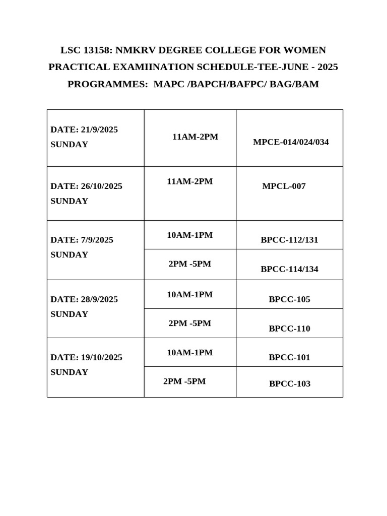 NMKRV College Practical Exam Schedule 2025 | PDF
