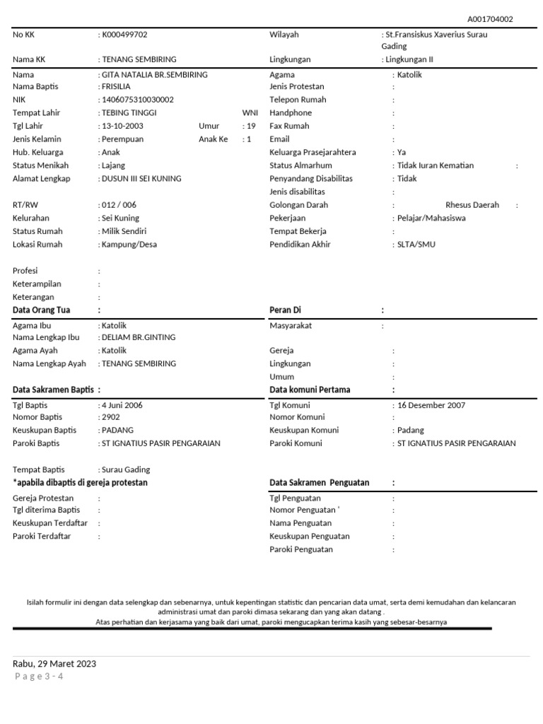 Data Umat Katolik Gita Natalia | PDF