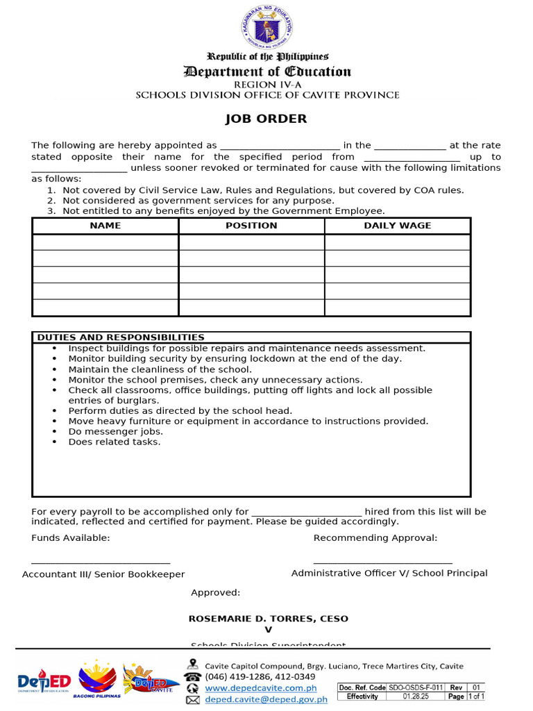 Job Order Duties and Responsibilities | PDF