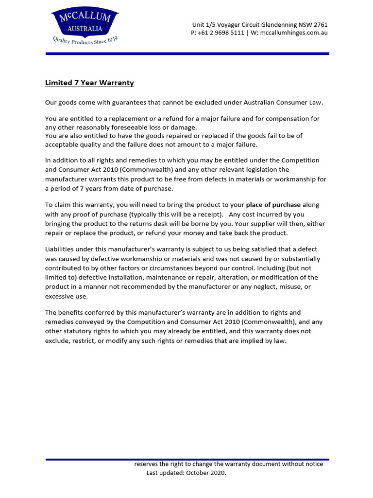 Australian Consumer Law Warranty Guide | PDF
