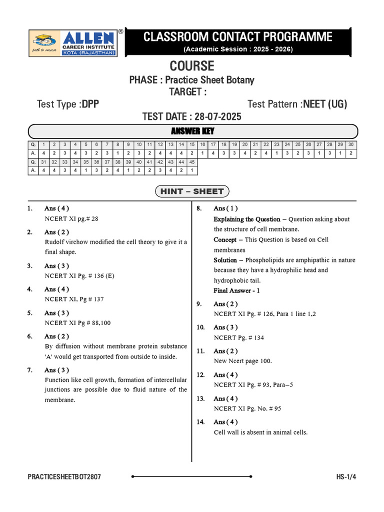 NEET UG Botany Practice Sheet 2025 | PDF | Cell (Biology) | Endoplasmic ...