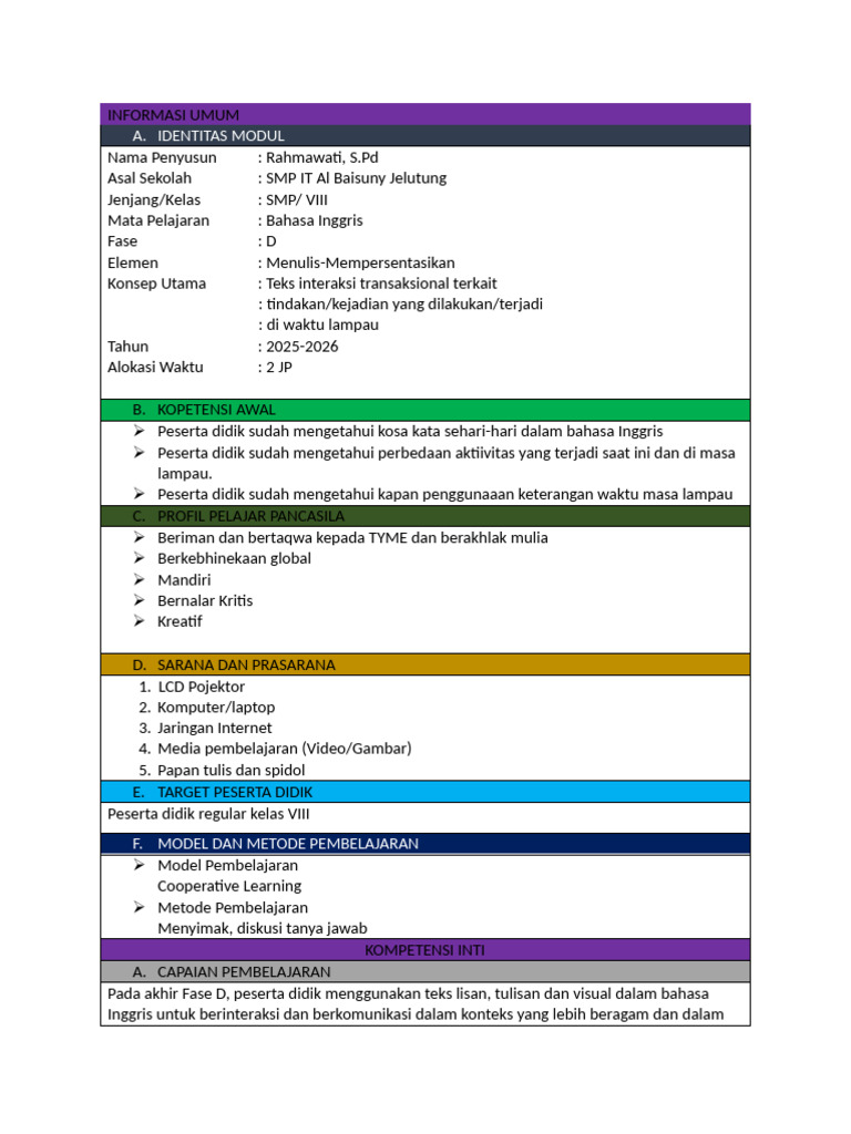 Modul Ajar Materi Simple Past Tense | PDF