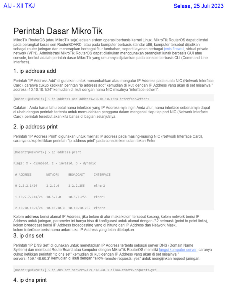 Perintah Dasar MikroTik RouterOS | PDF