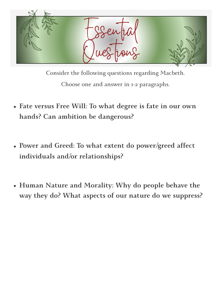 Essential Questions on Macbeth | PDF
