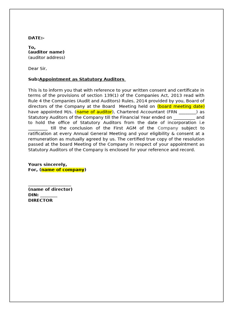 Statutory Auditor Appointment Letter | PDF
