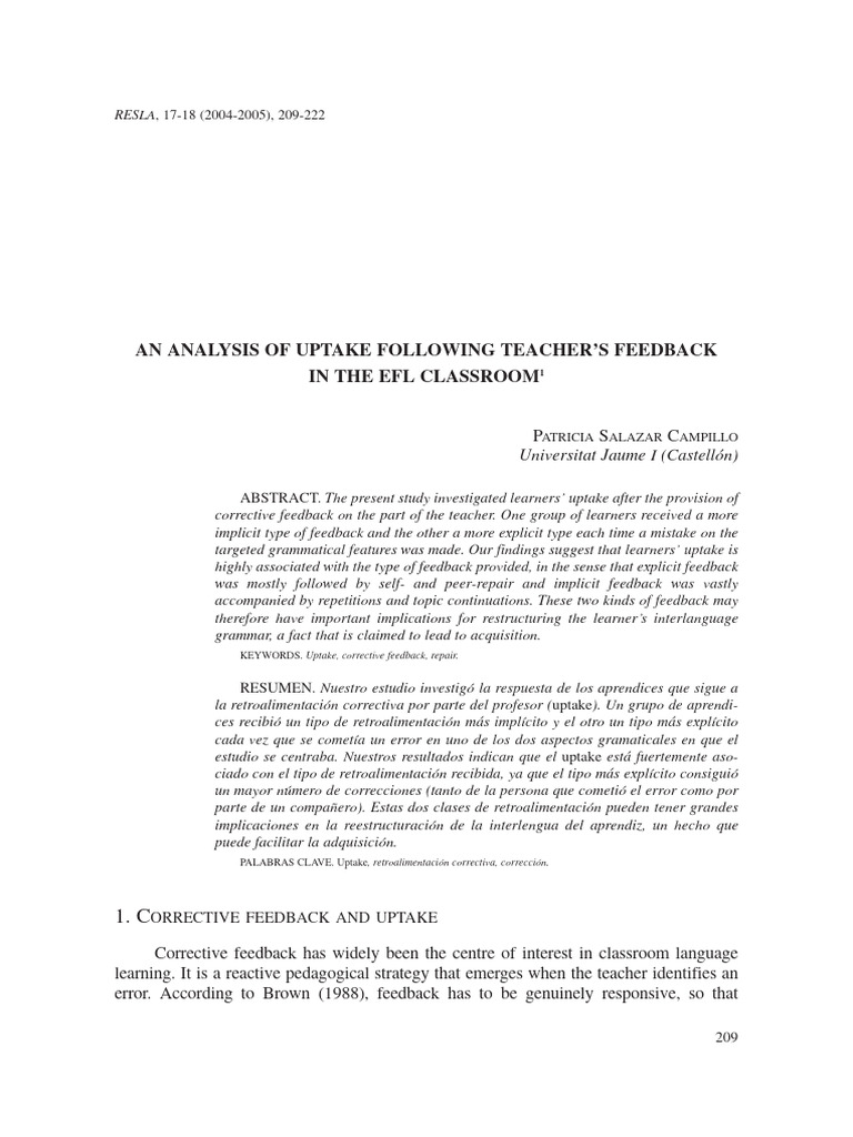 An Analysis of Uptake Following Teacher'S Feedback in The Efl Classroom ...