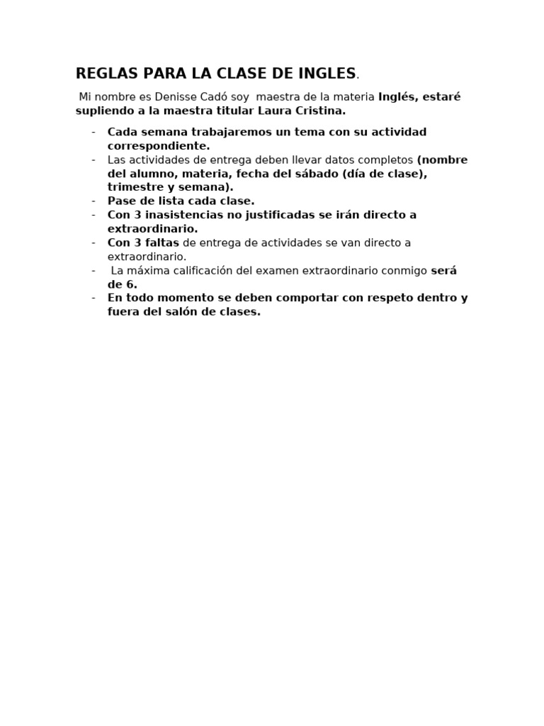 Reglas para La Clase de Ingles | PDF