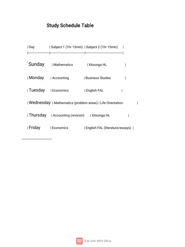 Weekly Study Timetable 2025 | PDF