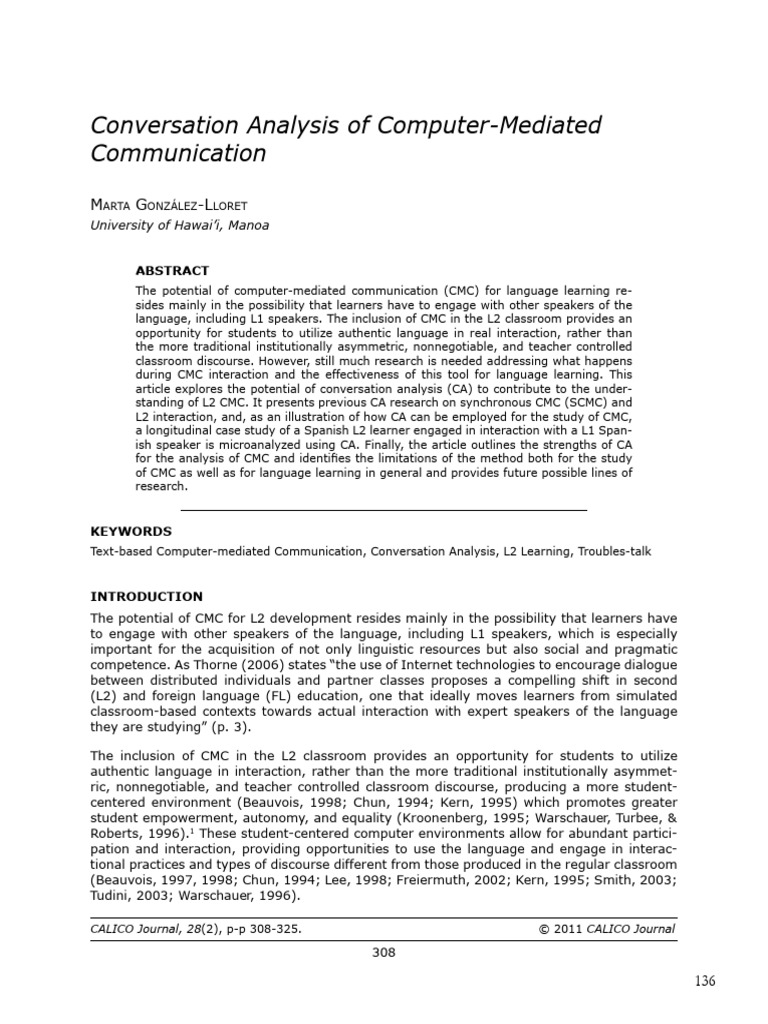 Conversation Analysis in CMC for L2 Learning | PDF | Second Language ...