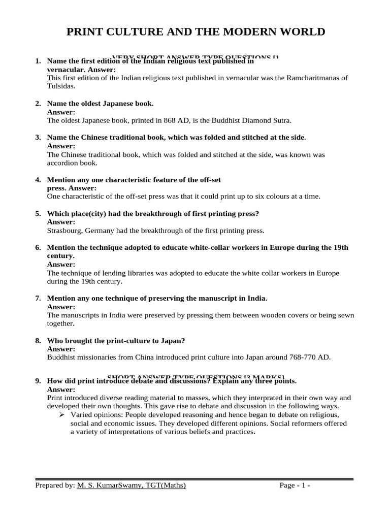 Key Questions on Print Culture | PDF | Books | Manuscript
