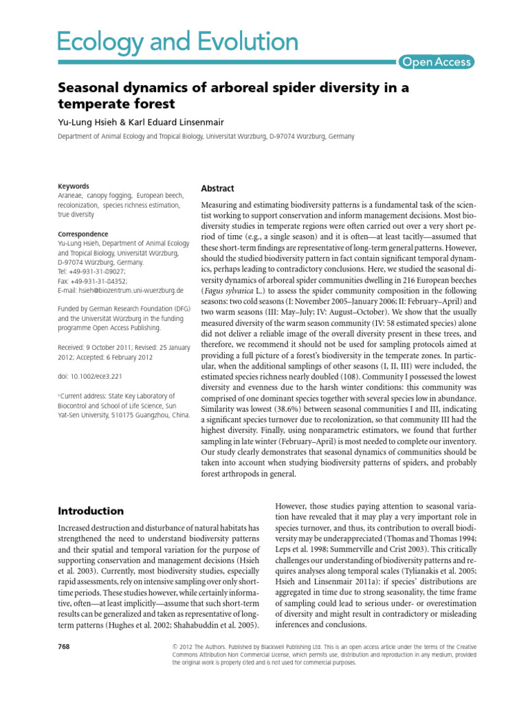 Y.L. Hsieh, 2012, Seasonal Dynamics of Arboreal Spider Diversity in A ...