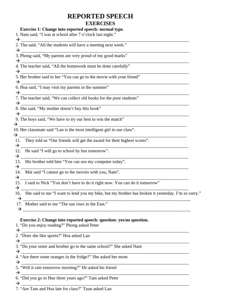 Reported Speech Exercises and Answers | PDF