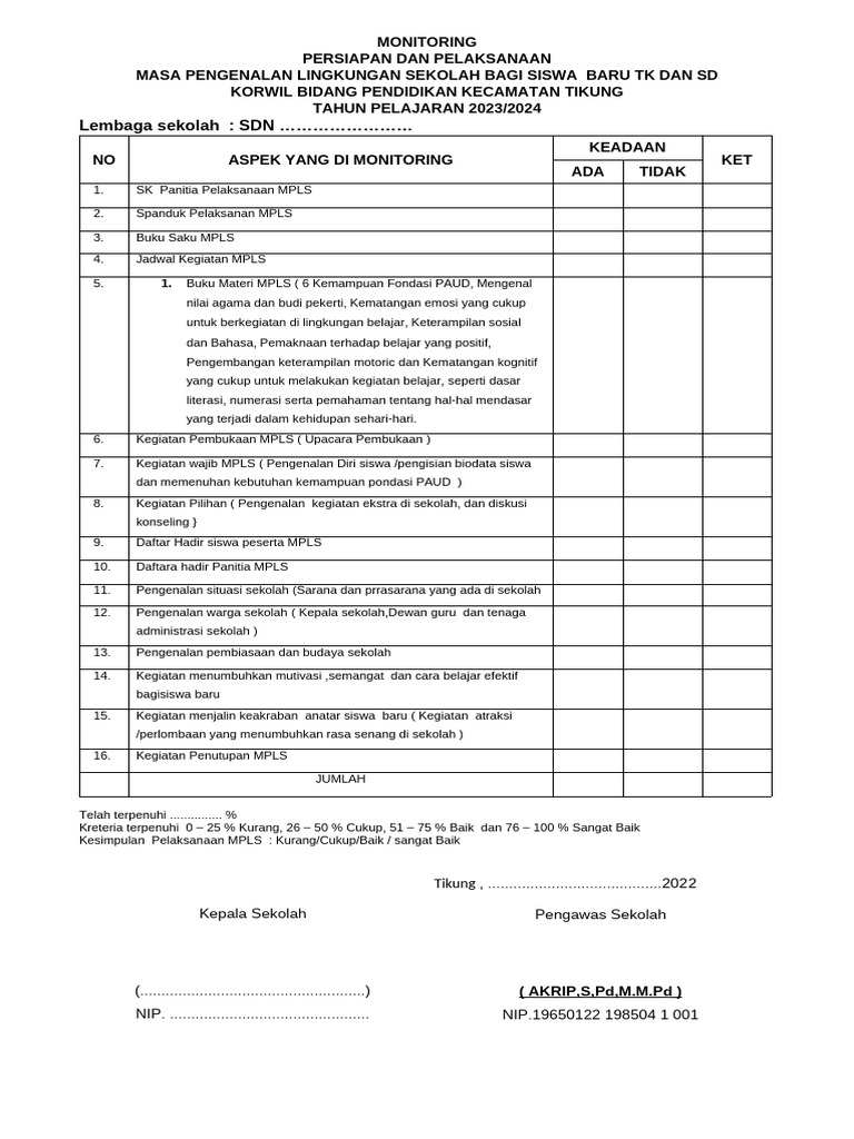 Monitoring MPLS Siswa Baru TK dan SD 2023 | PDF