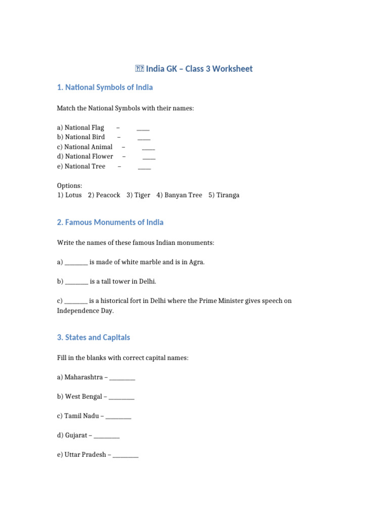 Class 3 GK Worksheet: India Facts | PDF