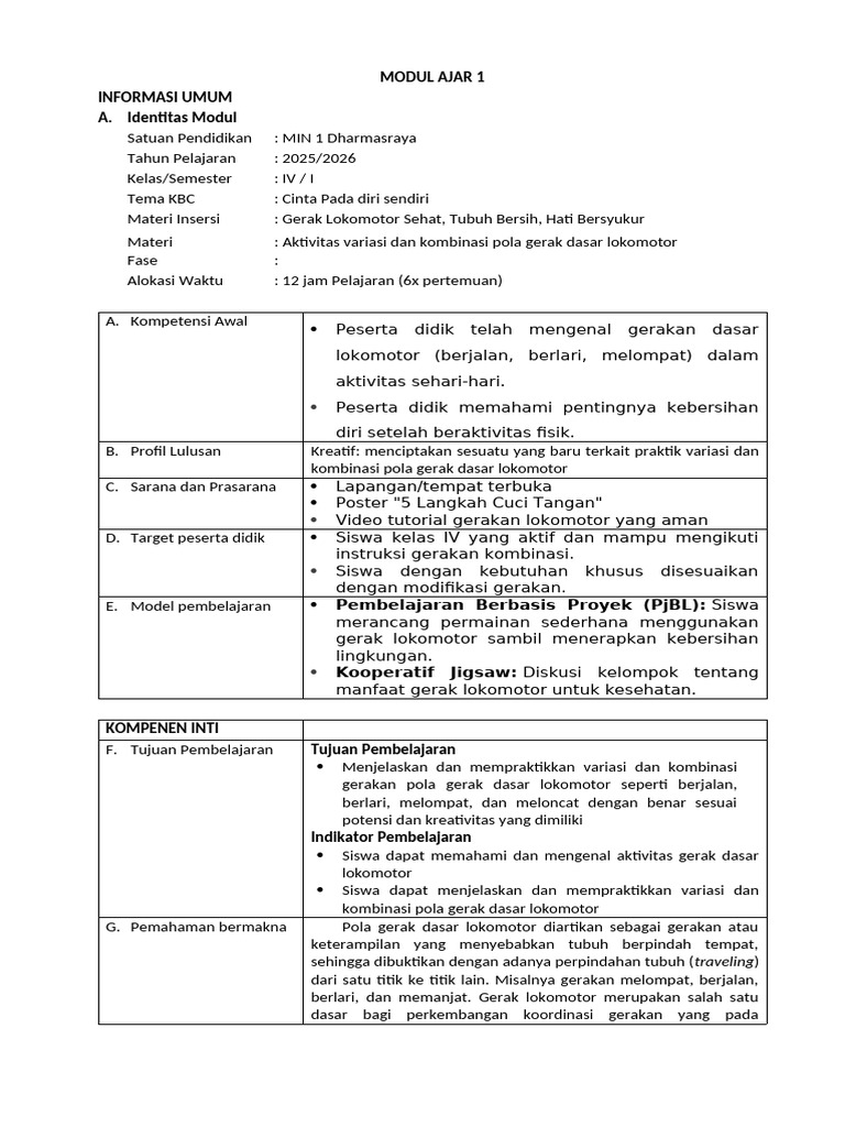Modul Ajar PJOK Kelas 4 Semester 1 | PDF