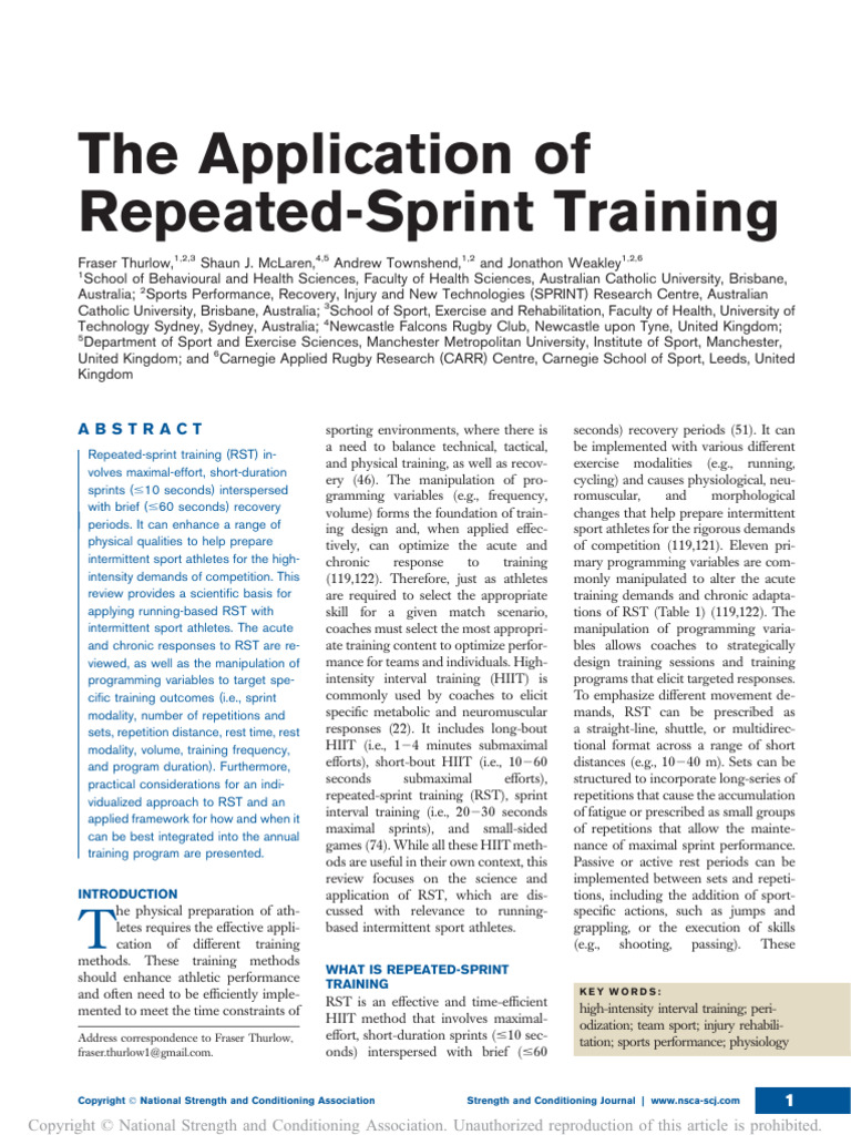 The Application of Repeated Sprint Training.175 | PDF | High Intensity ...